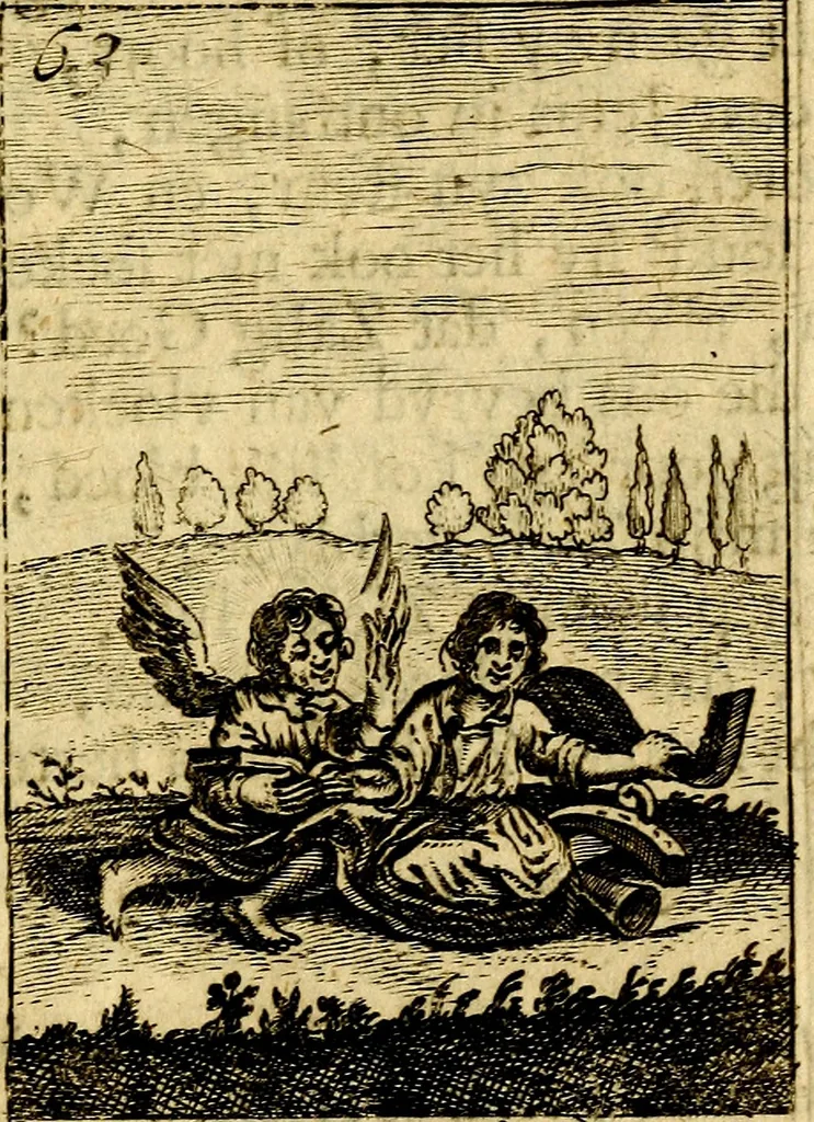 An illustration from Goddelyke liefde-vlammen, van een boetvaardige, geheyligde, liefhebbende, en aan haar selfs-stervende ziele : in drie deelen verdeelt, af-gebeeld door vijftig nette koopere figuuren : neffens haar verzen, aanmerkingen, gezangen, en ziel-zuchtingen, 1711, leaf 136
