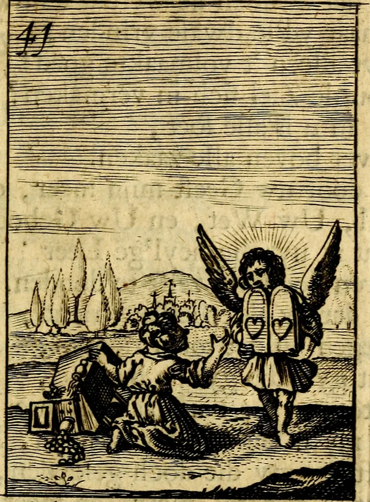 An illustration from Goddelyke liefde-vlammen, van een boetvaardige, geheyligde, liefhebbende, en aan haar selfs-stervende ziele : in drie deelen verdeelt, af-gebeeld door vijftig nette koopere figuuren : neffens haar verzen, aanmerkingen, gezangen, en ziel-zuchtingen, 1711, leaf 140