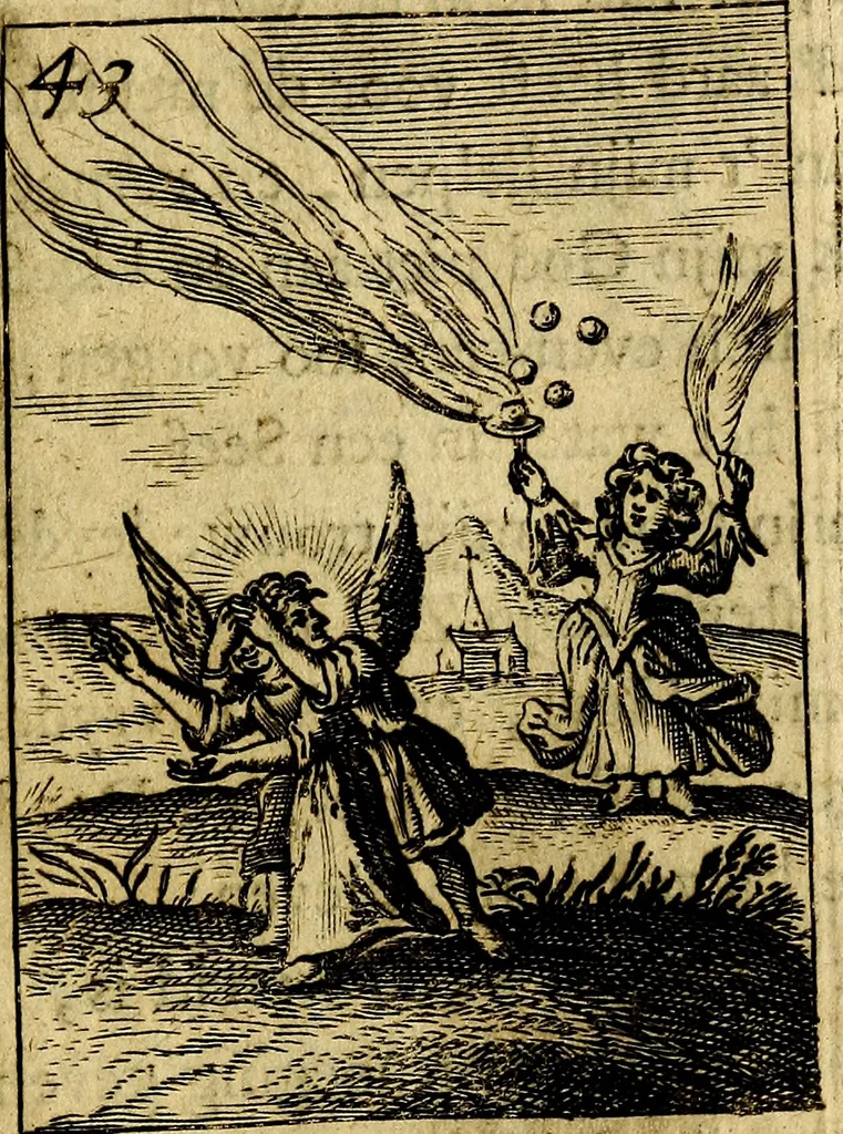 An illustration from Goddelyke liefde-vlammen, van een boetvaardige, geheyligde, liefhebbende, en aan haar selfs-stervende ziele : in drie deelen verdeelt, af-gebeeld door vijftig nette koopere figuuren : neffens haar verzen, aanmerkingen, gezangen, en ziel-zuchtingen, 1711, leaf 144