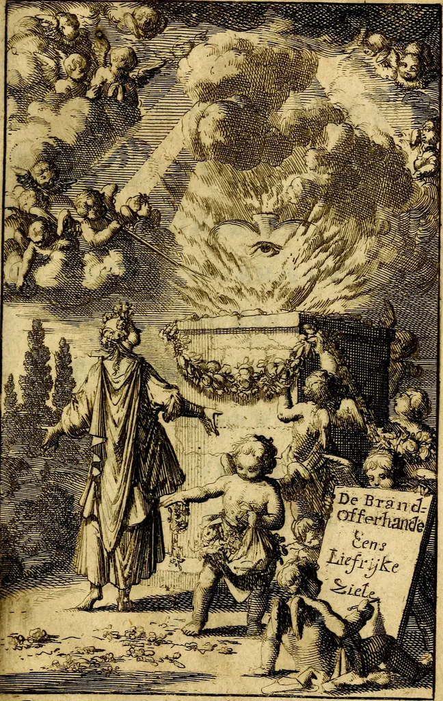 An illustration from Goddelyke liefde-vlammen, van een boetvaardige, geheyligde, liefhebbende, en aan haar selfs-stervende ziele : in drie deelen verdeelt, af-gebeeld door vijftig nette koopere figuuren : neffens haar verzen, aanmerkingen, gezangen, en ziel-zuchtingen, 1711, leaf 148