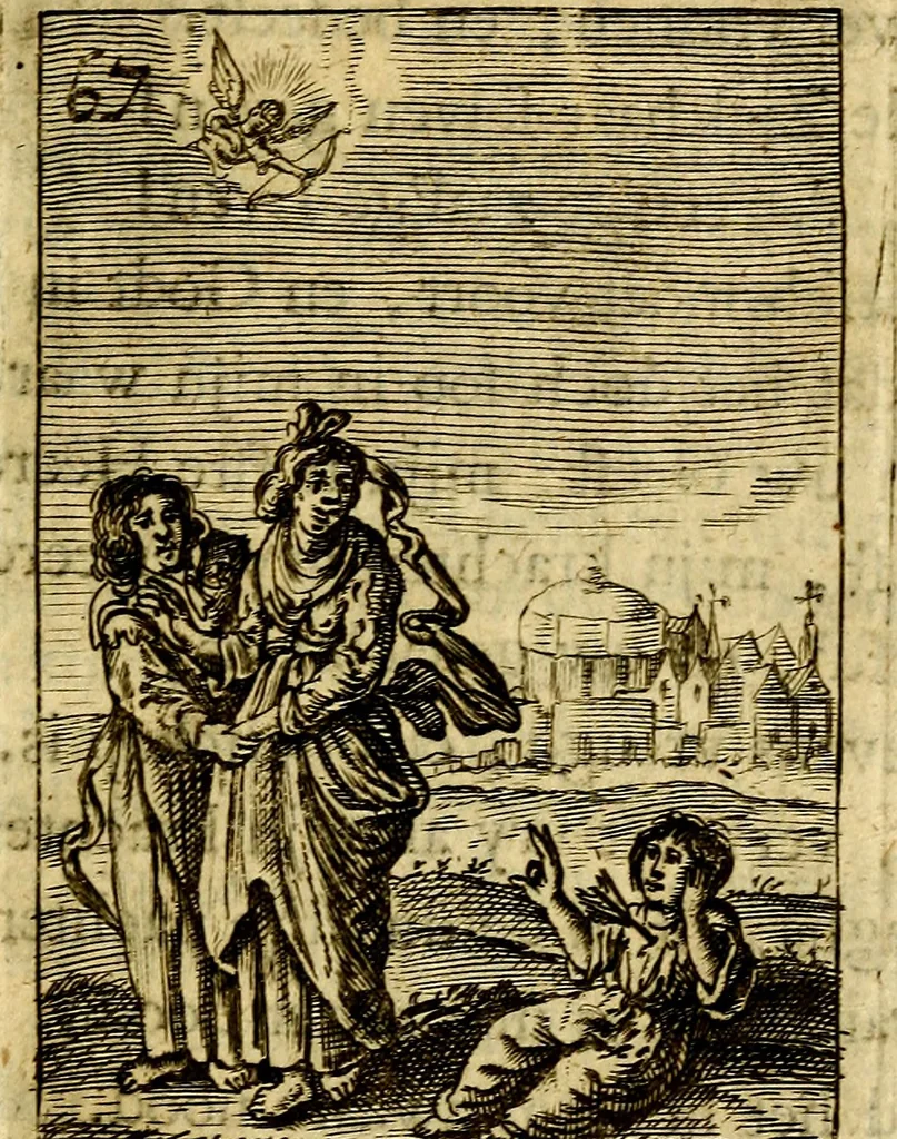 An illustration from Goddelyke liefde-vlammen, van een boetvaardige, geheyligde, liefhebbende, en aan haar selfs-stervende ziele : in drie deelen verdeelt, af-gebeeld door vijftig nette koopere figuuren : neffens haar verzen, aanmerkingen, gezangen, en ziel-zuchtingen, 1711, leaf 152
