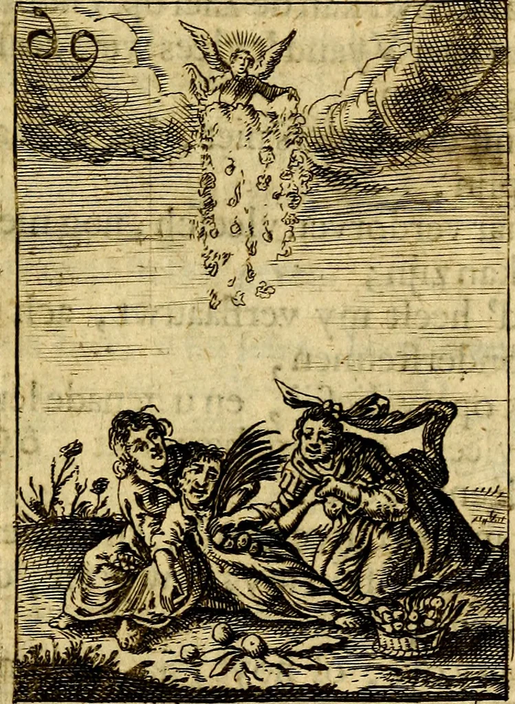 An illustration from Goddelyke liefde-vlammen, van een boetvaardige, geheyligde, liefhebbende, en aan haar selfs-stervende ziele : in drie deelen verdeelt, af-gebeeld door vijftig nette koopere figuuren : neffens haar verzen, aanmerkingen, gezangen, en ziel-zuchtingen, 1711, leaf 156