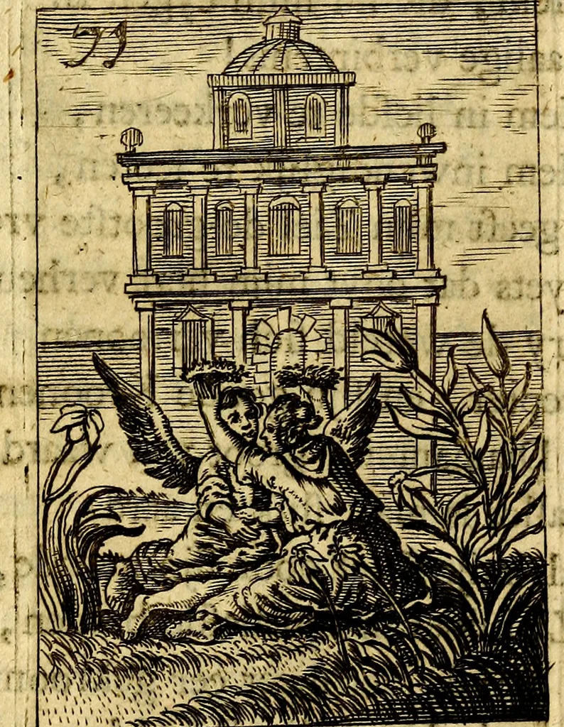 An illustration from Goddelyke liefde-vlammen, van een boetvaardige, geheyligde, liefhebbende, en aan haar selfs-stervende ziele : in drie deelen verdeelt, af-gebeeld door vijftig nette koopere figuuren : neffens haar verzen, aanmerkingen, gezangen, en ziel-zuchtingen, 1711, leaf 160