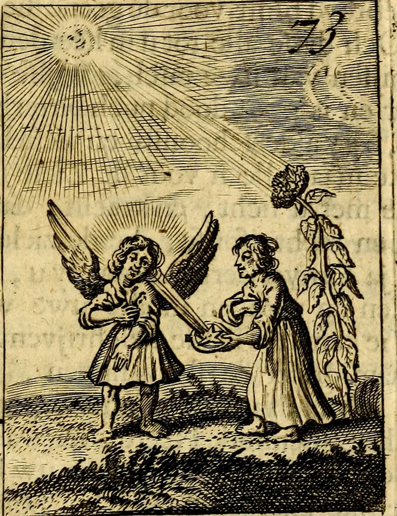 An illustration from Goddelyke liefde-vlammen, van een boetvaardige, geheyligde, liefhebbende, en aan haar selfs-stervende ziele : in drie deelen verdeelt, af-gebeeld door vijftig nette koopere figuuren : neffens haar verzen, aanmerkingen, gezangen, en ziel-zuchtingen, 1711, leaf 164