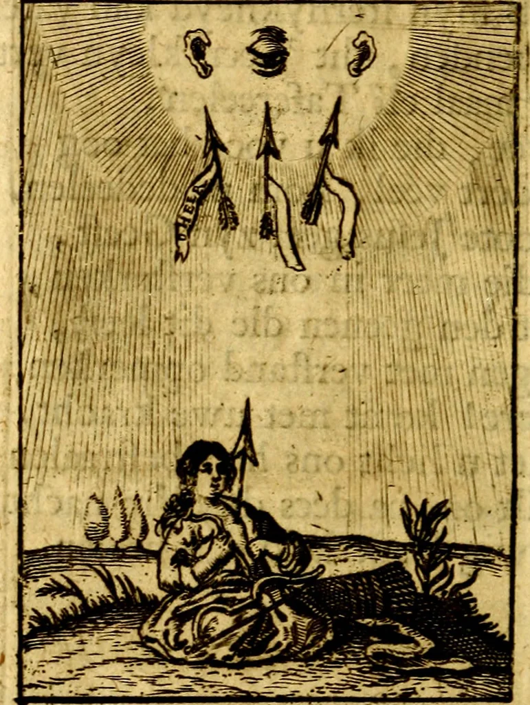 An illustration from Goddelyke liefde-vlammen, van een boetvaardige, geheyligde, liefhebbende, en aan haar selfs-stervende ziele : in drie deelen verdeelt, af-gebeeld door vijftig nette koopere figuuren : neffens haar verzen, aanmerkingen, gezangen, en ziel-zuchtingen, 1711, leaf 17