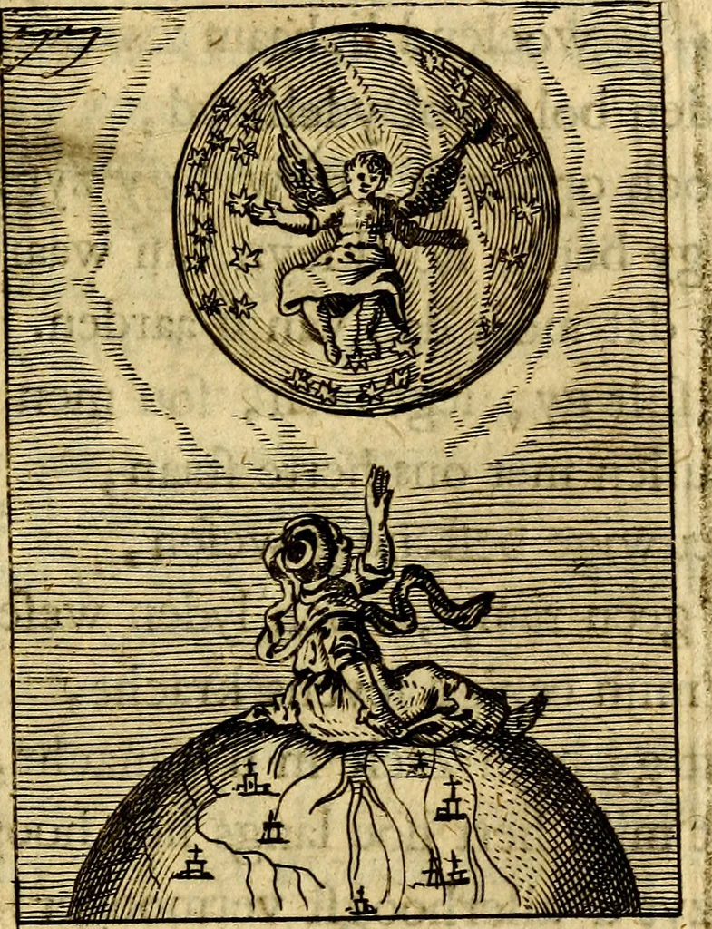 An illustration from Goddelyke liefde-vlammen, van een boetvaardige, geheyligde, liefhebbende, en aan haar selfs-stervende ziele : in drie deelen verdeelt, af-gebeeld door vijftig nette koopere figuuren : neffens haar verzen, aanmerkingen, gezangen, en ziel-zuchtingen, 1711, leaf 172