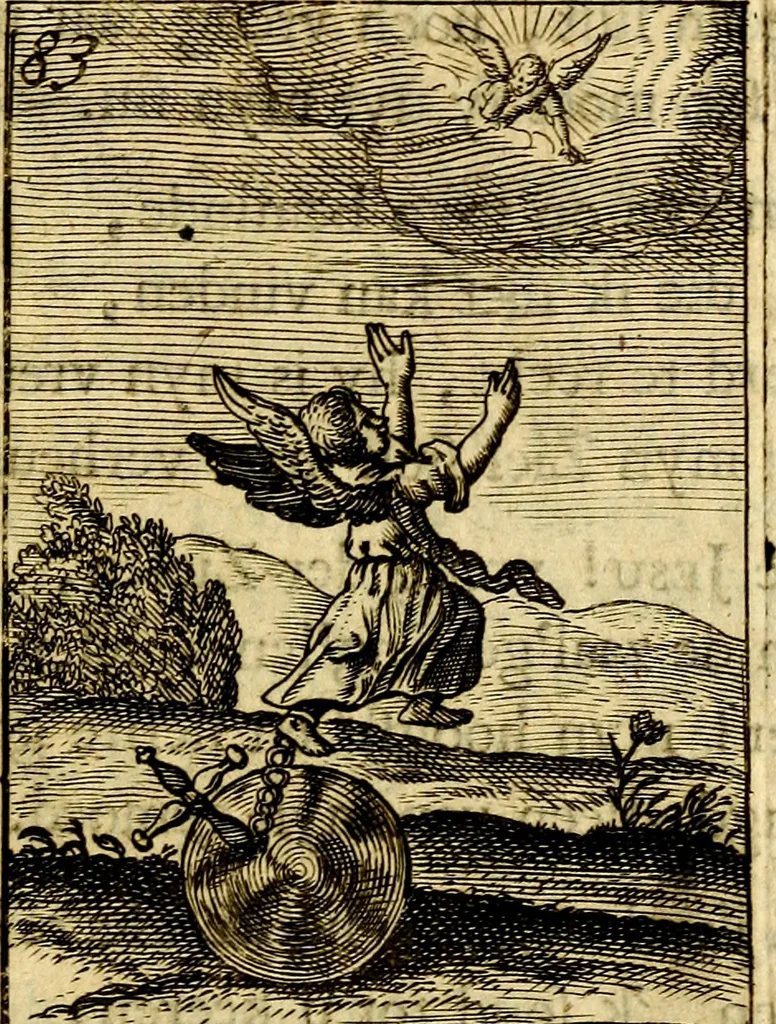 An illustration from Goddelyke liefde-vlammen, van een boetvaardige, geheyligde, liefhebbende, en aan haar selfs-stervende ziele : in drie deelen verdeelt, af-gebeeld door vijftig nette koopere figuuren : neffens haar verzen, aanmerkingen, gezangen, en ziel-zuchtingen, 1711, leaf 184