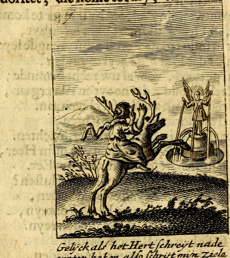 An illustration from Goddelyke liefde-vlammen, van een boetvaardige, geheyligde, liefhebbende, en aan haar selfs-stervende ziele : in drie deelen verdeelt, af-gebeeld door vijftig nette koopere figuuren : neffens haar verzen, aanmerkingen, gezangen, en ziel-zuchtingen, 1711, leaf 192
