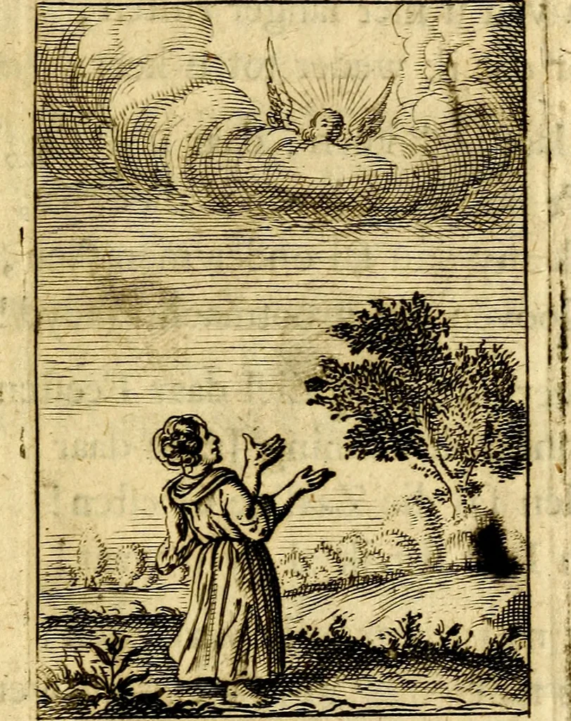 An illustration from Goddelyke liefde-vlammen, van een boetvaardige, geheyligde, liefhebbende, en aan haar selfs-stervende ziele : in drie deelen verdeelt, af-gebeeld door vijftig nette koopere figuuren : neffens haar verzen, aanmerkingen, gezangen, en ziel-zuchtingen, 1711, leaf 196