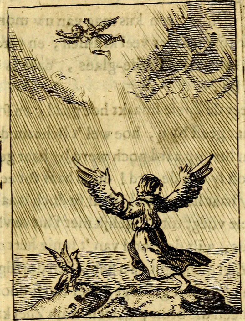 An illustration from Goddelyke liefde-vlammen, van een boetvaardige, geheyligde, liefhebbende, en aan haar selfs-stervende ziele : in drie deelen verdeelt, af-gebeeld door vijftig nette koopere figuuren : neffens haar verzen, aanmerkingen, gezangen, en ziel-zuchtingen, 1711, leaf 200