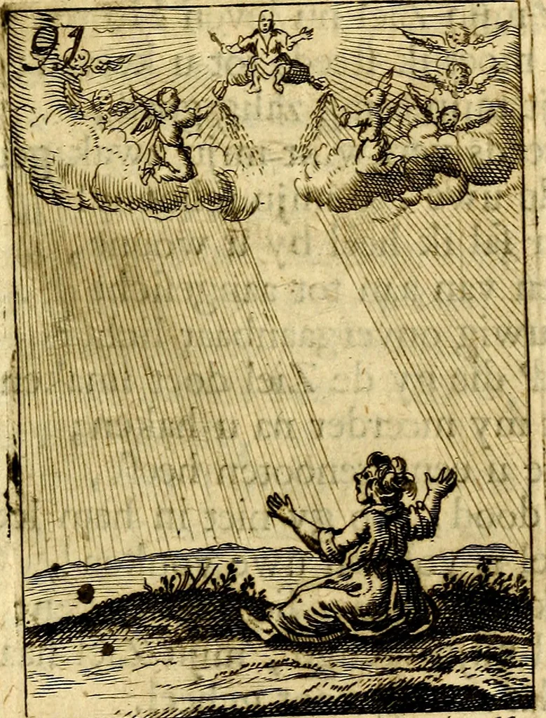 An illustration from Goddelyke liefde-vlammen, van een boetvaardige, geheyligde, liefhebbende, en aan haar selfs-stervende ziele : in drie deelen verdeelt, af-gebeeld door vijftig nette koopere figuuren : neffens haar verzen, aanmerkingen, gezangen, en ziel-zuchtingen, 1711, leaf 204