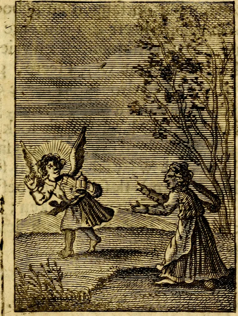 An illustration from Goddelyke liefde-vlammen, van een boetvaardige, geheyligde, liefhebbende, en aan haar selfs-stervende ziele : in drie deelen verdeelt, af-gebeeld door vijftig nette koopere figuuren : neffens haar verzen, aanmerkingen, gezangen, en ziel-zuchtingen, 1711, leaf 22