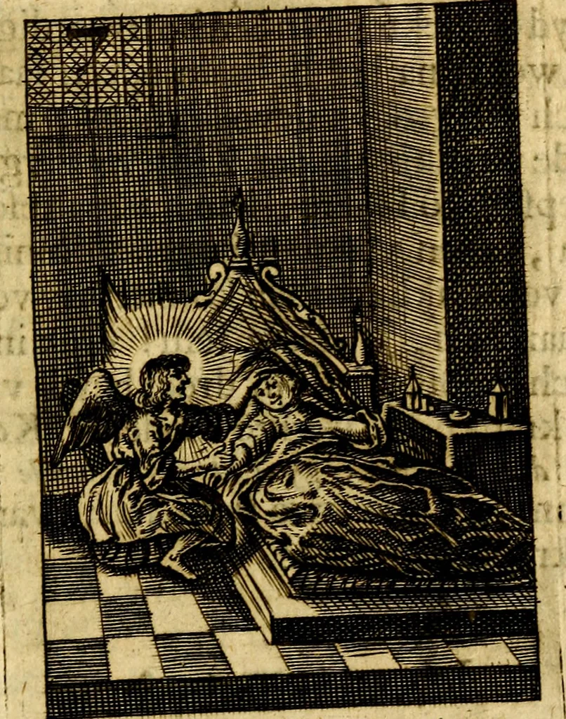An illustration from Goddelyke liefde-vlammen, van een boetvaardige, geheyligde, liefhebbende, en aan haar selfs-stervende ziele : in drie deelen verdeelt, af-gebeeld door vijftig nette koopere figuuren : neffens haar verzen, aanmerkingen, gezangen, en ziel-zuchtingen, 1711, leaf 30
