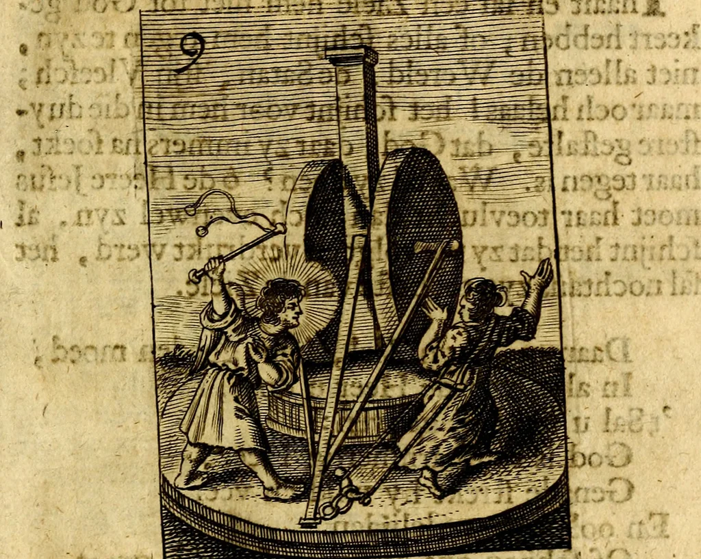 An illustration from Goddelyke liefde-vlammen, van een boetvaardige, geheyligde, liefhebbende, en aan haar selfs-stervende ziele : in drie deelen verdeelt, af-gebeeld door vijftig nette koopere figuuren : neffens haar verzen, aanmerkingen, gezangen, en ziel-zuchtingen, 1711, leaf 34