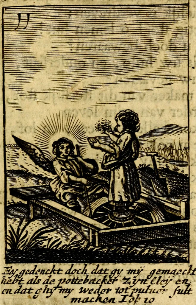 An illustration from Goddelyke liefde-vlammen, van een boetvaardige, geheyligde, liefhebbende, en aan haar selfs-stervende ziele : in drie deelen verdeelt, af-gebeeld door vijftig nette koopere figuuren : neffens haar verzen, aanmerkingen, gezangen, en ziel-zuchtingen, 1711, leaf 38
