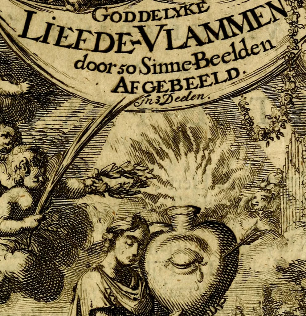 An illustration from Goddelyke liefde-vlammen, van een boetvaardige, geheyligde, liefhebbende, en aan haar selfs-stervende ziele : in drie deelen verdeelt, af-gebeeld door vijftig nette koopere figuuren : neffens haar verzen, aanmerkingen, gezangen, en ziel-zuchtingen, 1711, leaf 4