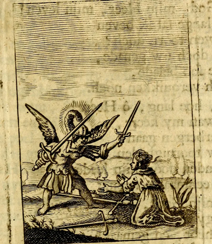 An illustration from Goddelyke liefde-vlammen, van een boetvaardige, geheyligde, liefhebbende, en aan haar selfs-stervende ziele : in drie deelen verdeelt, af-gebeeld door vijftig nette koopere figuuren : neffens haar verzen, aanmerkingen, gezangen, en ziel-zuchtingen, 1711, leaf 42