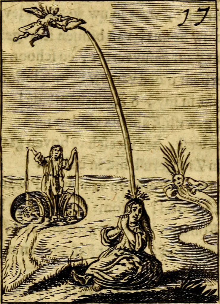 An illustration from Goddelyke liefde-vlammen, van een boetvaardige, geheyligde, liefhebbende, en aan haar selfs-stervende ziele : in drie deelen verdeelt, af-gebeeld door vijftig nette koopere figuuren : neffens haar verzen, aanmerkingen, gezangen, en ziel-zuchtingen, 1711, leaf 50