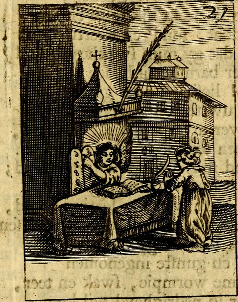 An illustration from Goddelyke liefde-vlammen, van een boetvaardige, geheyligde, liefhebbende, en aan haar selfs-stervende ziele : in drie deelen verdeelt, af-gebeeld door vijftig nette koopere figuuren : neffens haar verzen, aanmerkingen, gezangen, en ziel-zuchtingen, 1711, leaf 58