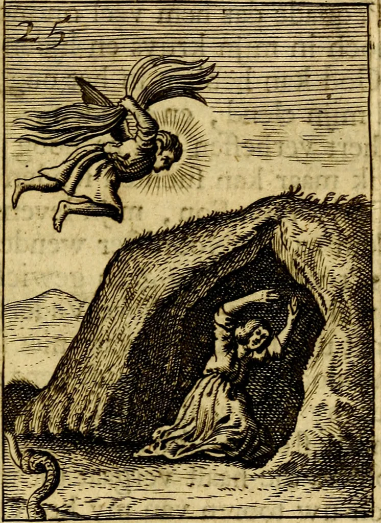 An illustration from Goddelyke liefde-vlammen, van een boetvaardige, geheyligde, liefhebbende, en aan haar selfs-stervende ziele : in drie deelen verdeelt, af-gebeeld door vijftig nette koopere figuuren : neffens haar verzen, aanmerkingen, gezangen, en ziel-zuchtingen, 1711, leaf 66