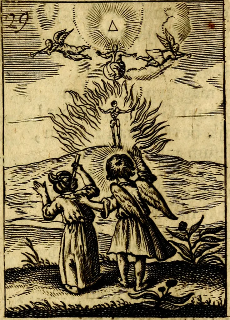 An illustration from Goddelyke liefde-vlammen, van een boetvaardige, geheyligde, liefhebbende, en aan haar selfs-stervende ziele : in drie deelen verdeelt, af-gebeeld door vijftig nette koopere figuuren : neffens haar verzen, aanmerkingen, gezangen, en ziel-zuchtingen, 1711, leaf 74