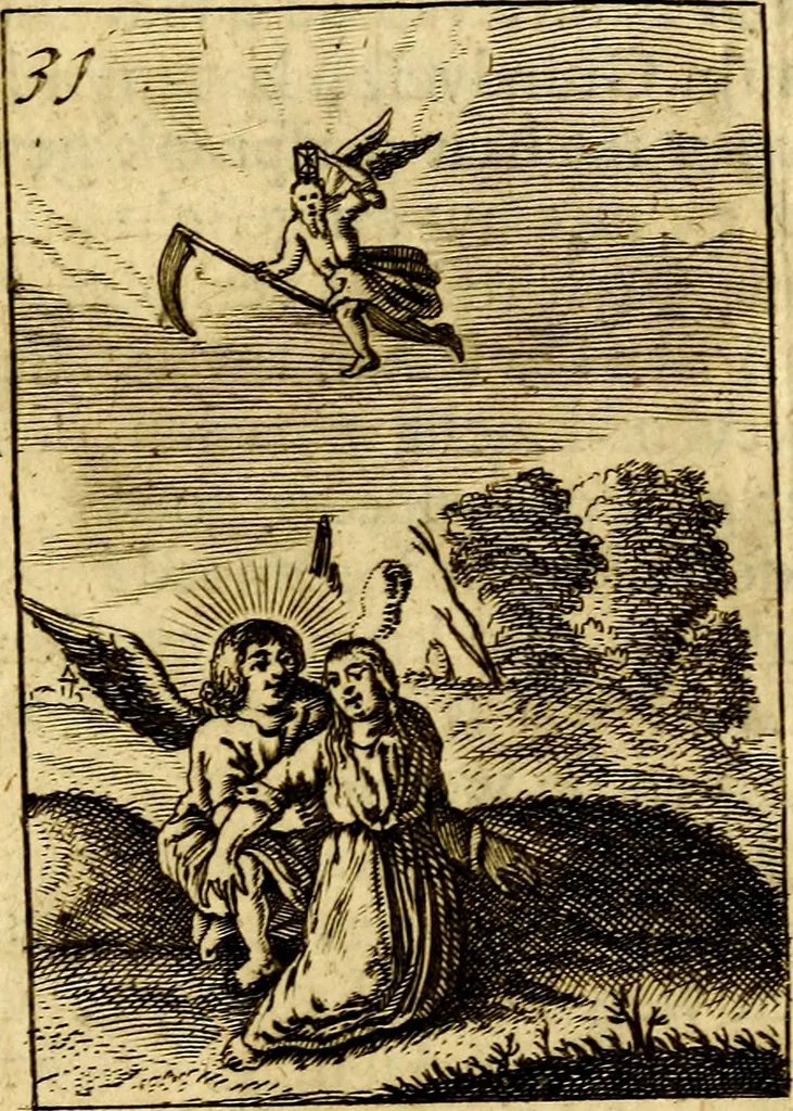 An illustration from Goddelyke liefde-vlammen, van een boetvaardige, geheyligde, liefhebbende, en aan haar selfs-stervende ziele : in drie deelen verdeelt, af-gebeeld door vijftig nette koopere figuuren : neffens haar verzen, aanmerkingen, gezangen, en ziel-zuchtingen, 1711, leaf 78