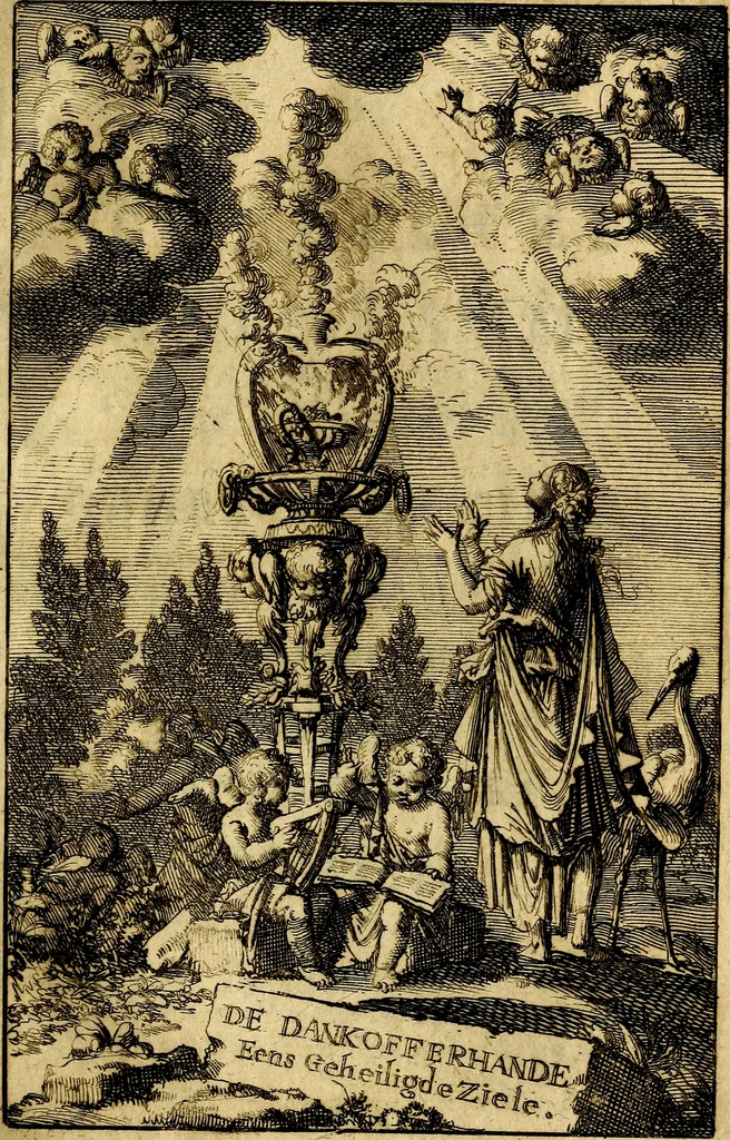An illustration from Goddelyke liefde-vlammen, van een boetvaardige, geheyligde, liefhebbende, en aan haar selfs-stervende ziele : in drie deelen verdeelt, af-gebeeld door vijftig nette koopere figuuren : neffens haar verzen, aanmerkingen, gezangen, en ziel-zuchtingen, 1711, leaf 84