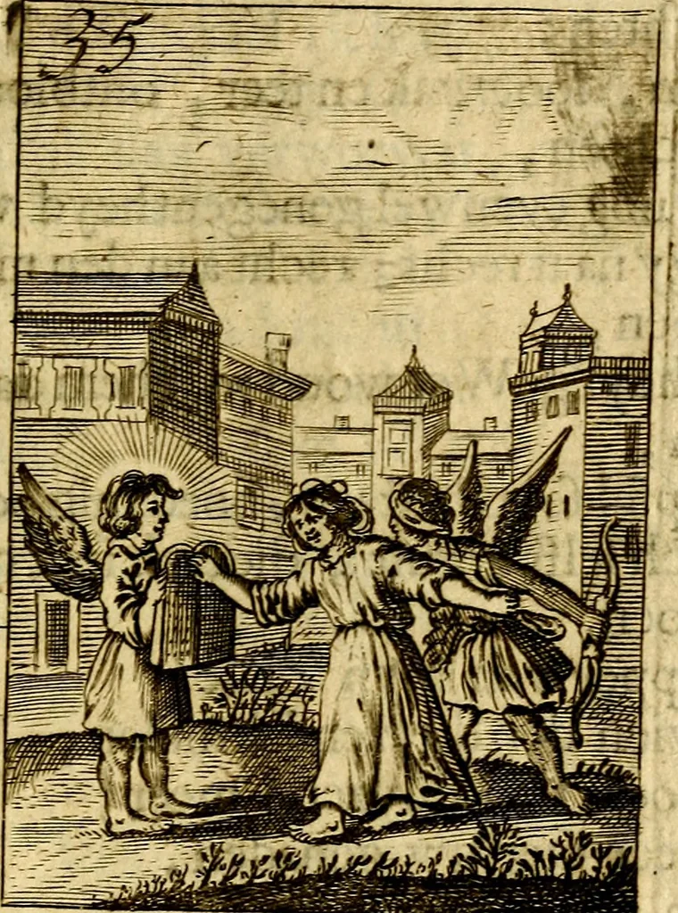 An illustration from Goddelyke liefde-vlammen, van een boetvaardige, geheyligde, liefhebbende, en aan haar selfs-stervende ziele : in drie deelen verdeelt, af-gebeeld door vijftig nette koopere figuuren : neffens haar verzen, aanmerkingen, gezangen, en ziel-zuchtingen, 1711, leaf 88
