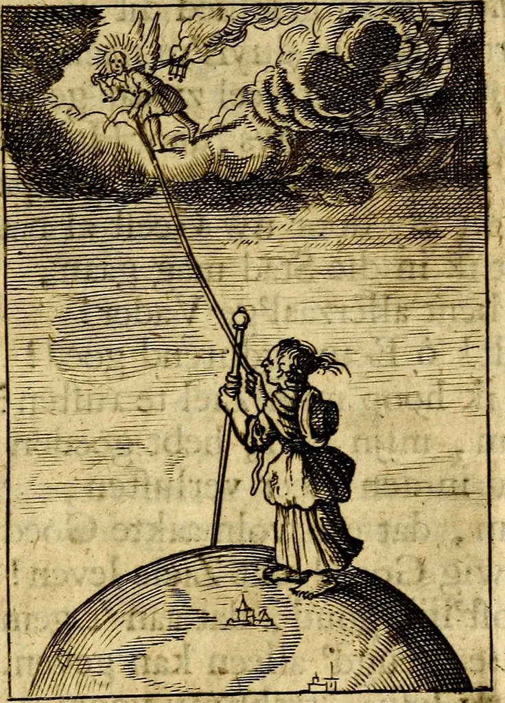 An illustration from Goddelyke liefde-vlammen, van een boetvaardige, geheyligde, liefhebbende, en aan haar selfs-stervende ziele : in drie deelen verdeelt, af-gebeeld door vijftig nette koopere figuuren : neffens haar verzen, aanmerkingen, gezangen, en ziel-zuchtingen, 1711, leaf 92
