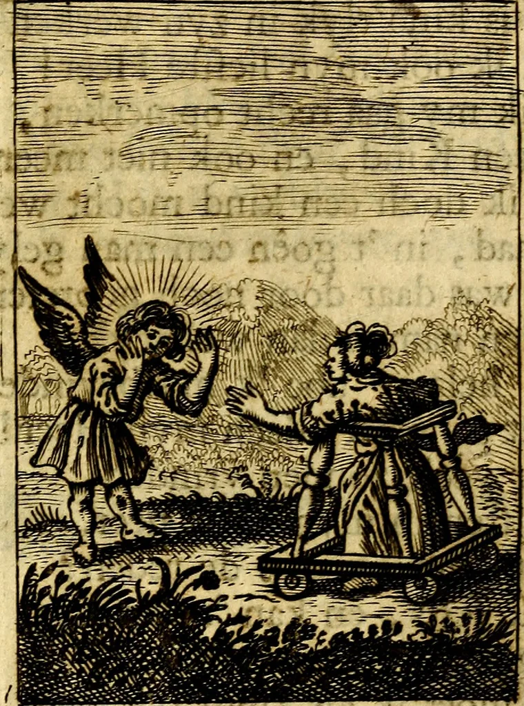 An illustration from Goddelyke liefde-vlammen, van een boetvaardige, geheyligde, liefhebbende, en aan haar selfs-stervende ziele : in drie deelen verdeelt, af-gebeeld door vijftig nette koopere figuuren : neffens haar verzen, aanmerkingen, gezangen, en ziel-zuchtingen, 1711, leaf 96
