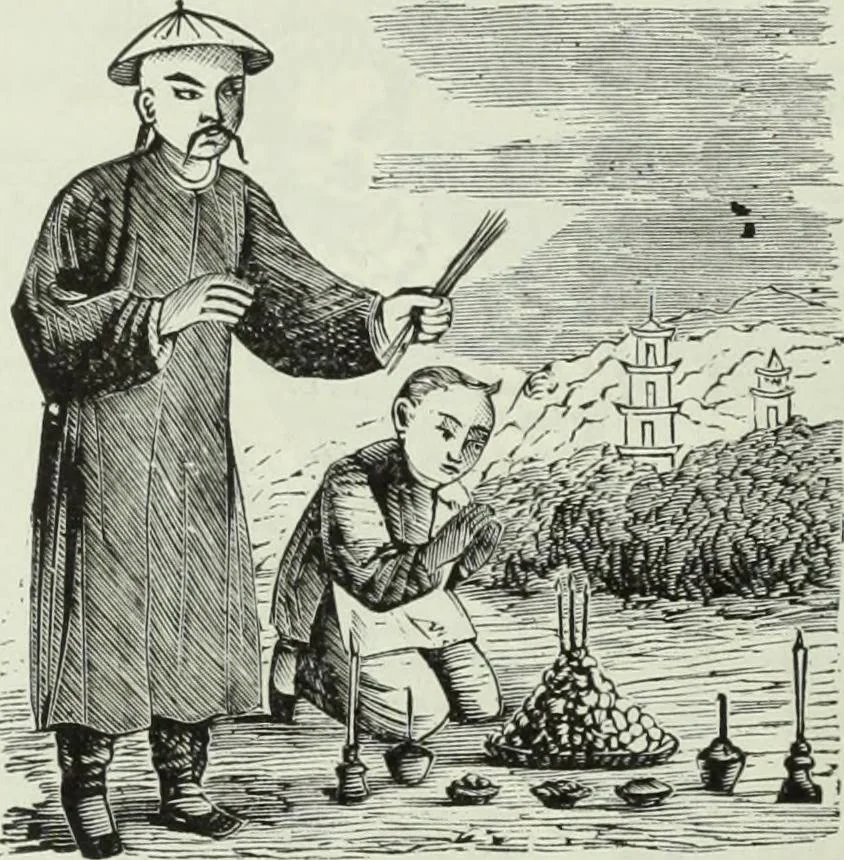 An illustration from Gods and devils of mankind : the whole dark picture strikingly contrasted with the beauty and purity of revealed religion / by Frank S. Dobbins ; assisted by Hon. S. Wells Williams, 1897, leaf 493
