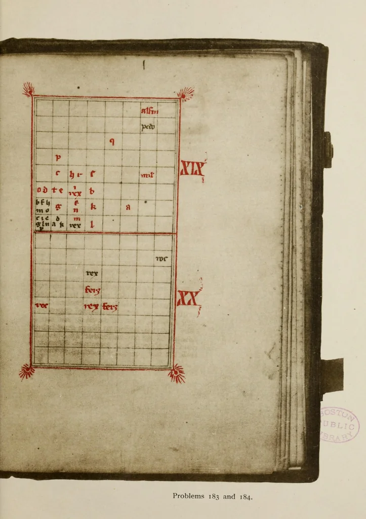An illustration from Good companion (Bonus socius) : XIIIth century manuscript collection of chess problems, 1910, leaf 113