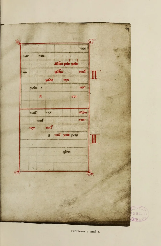 An illustration from Good companion (Bonus socius) : XIIIth century manuscript collection of chess problems, 1910, leaf 13