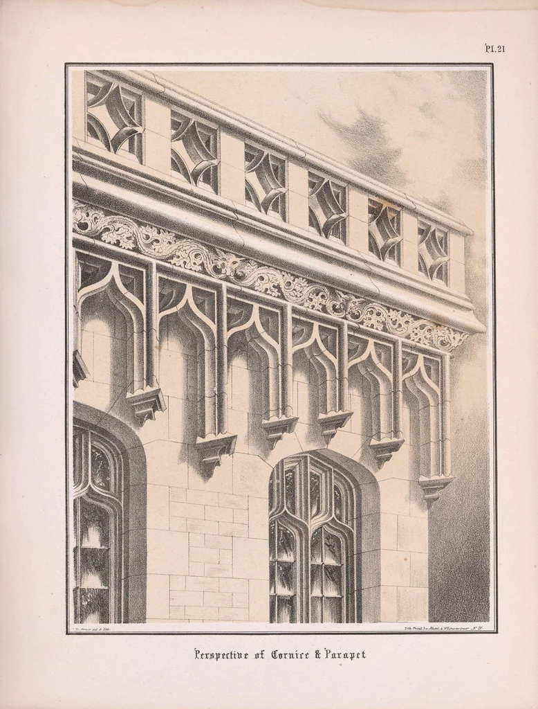 An illustration from Gothic architecture applied to modern residences : containing designs of all the important parts of a private dwelling, exhibited in elaborate perspective drawings : together with large and copious details, 1851, leaf 105