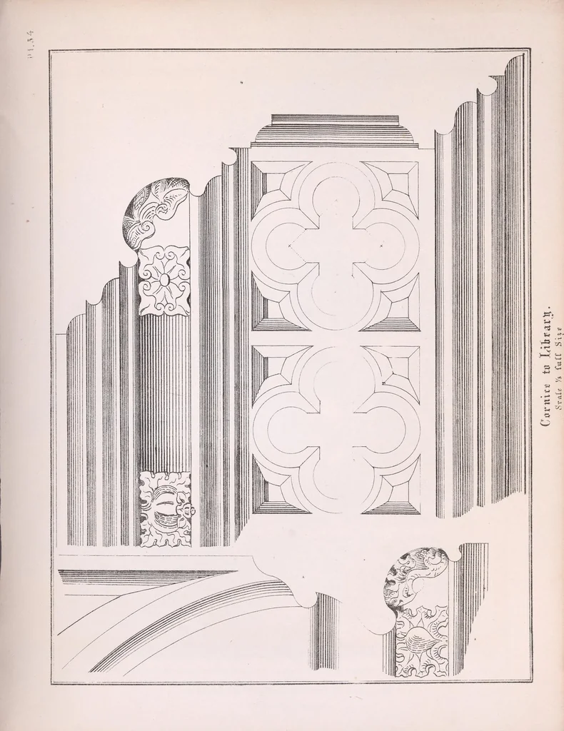An illustration from Gothic architecture applied to modern residences : containing designs of all the important parts of a private dwelling, exhibited in elaborate perspective drawings : together with large and copious details, 1851, leaf 131