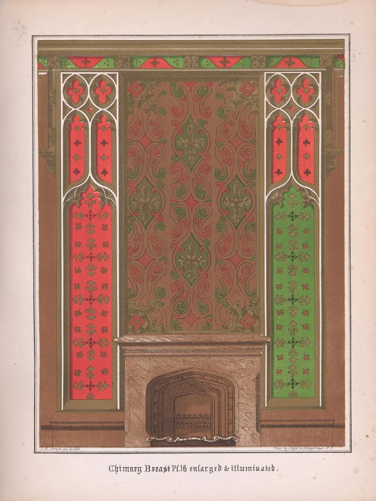 An illustration from Gothic architecture applied to modern residences : containing designs of all the important parts of a private dwelling, exhibited in elaborate perspective drawings : together with large and copious details, 1851, leaf 95
