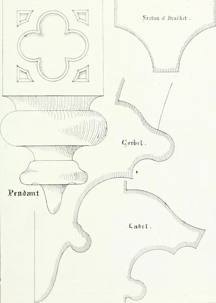 An illustration from Gothic architecture applied to modern residences; containing designs of all the important parts of a private dwelling, exhibited in elaborate perspective drawings, together with large and copious details, 1849, leaf 100