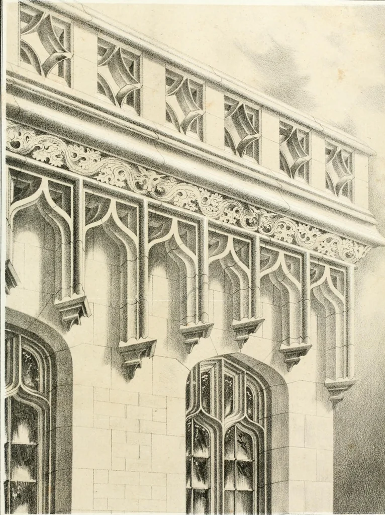 An illustration from Gothic architecture applied to modern residences; containing designs of all the important parts of a private dwelling, exhibited in elaborate perspective drawings, together with large and copious details, 1849, leaf 102