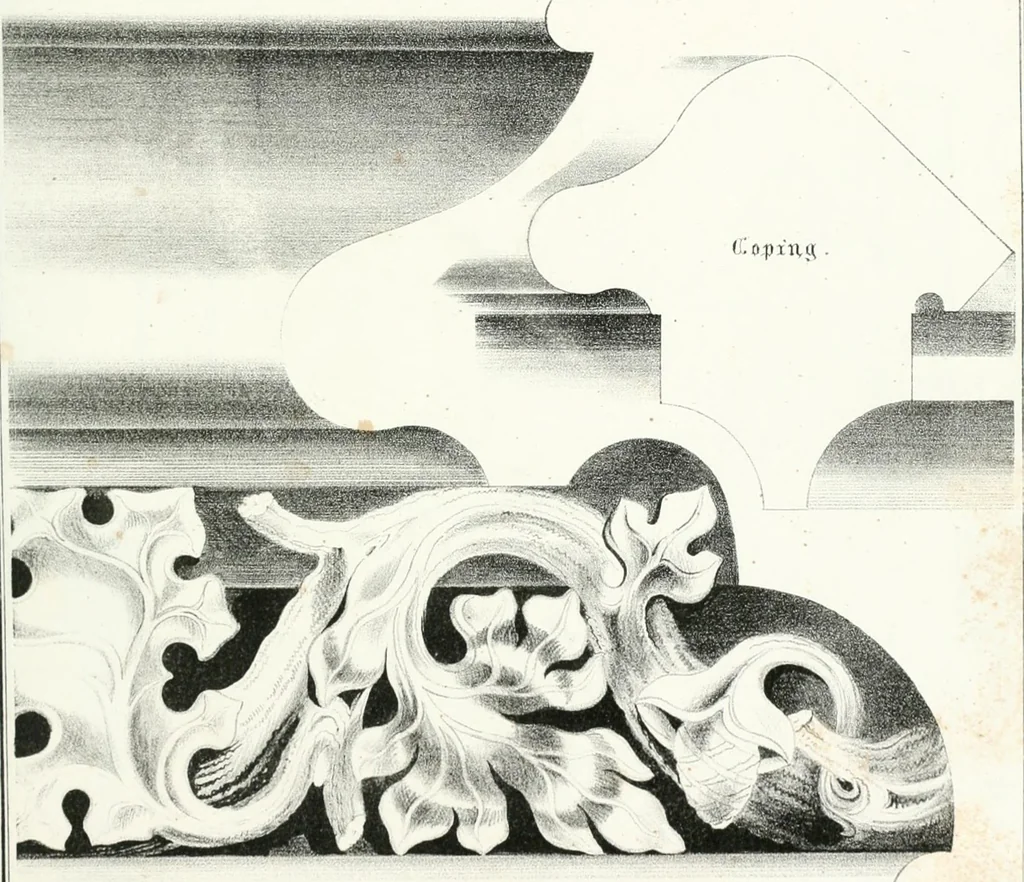 An illustration from Gothic architecture applied to modern residences; containing designs of all the important parts of a private dwelling, exhibited in elaborate perspective drawings, together with large and copious details, 1849, leaf 106