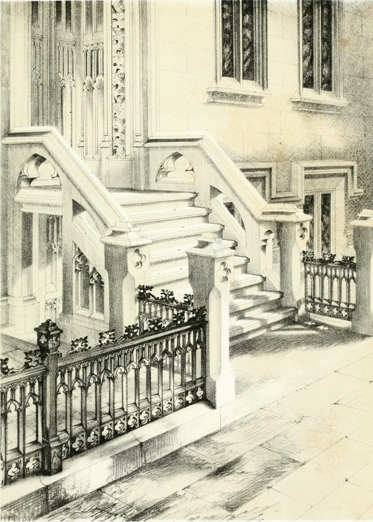 An illustration from Gothic architecture applied to modern residences; containing designs of all the important parts of a private dwelling, exhibited in elaborate perspective drawings, together with large and copious details, 1849, leaf 112