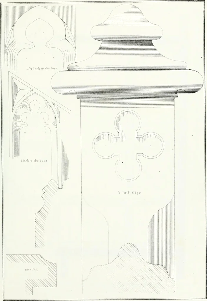 An illustration from Gothic architecture applied to modern residences; containing designs of all the important parts of a private dwelling, exhibited in elaborate perspective drawings, together with large and copious details, 1849, leaf 114