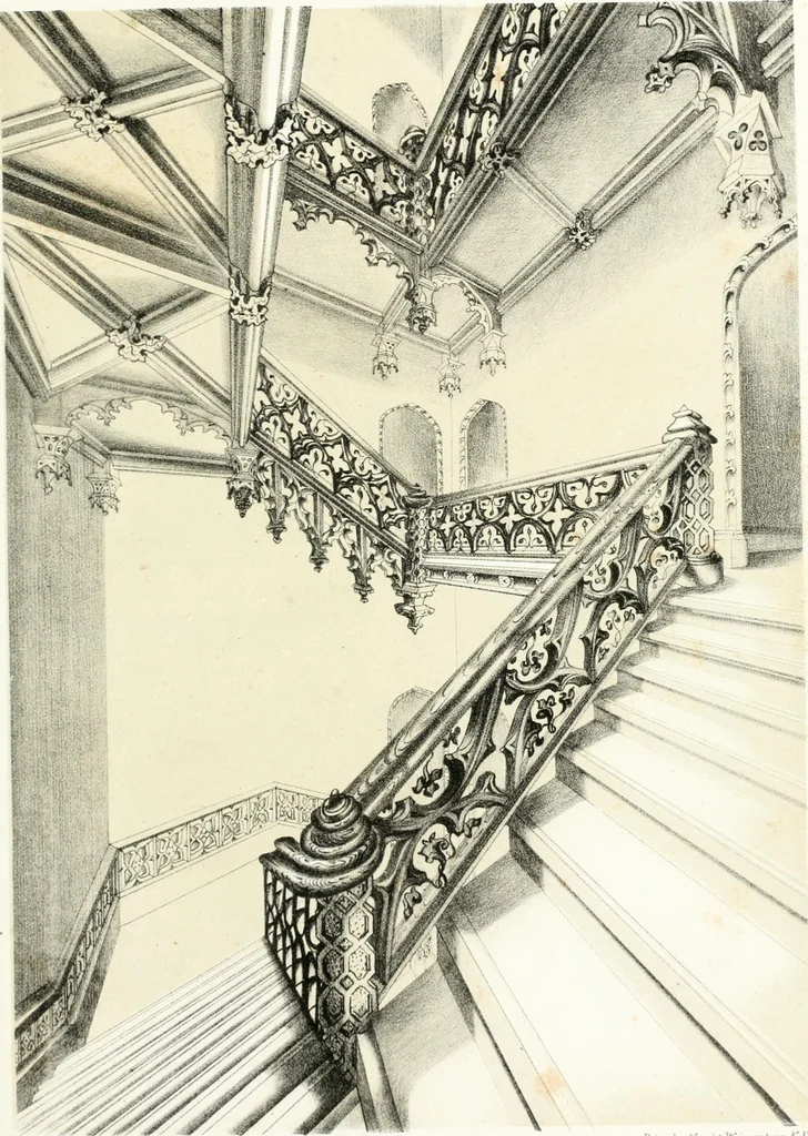 An illustration from Gothic architecture applied to modern residences; containing designs of all the important parts of a private dwelling, exhibited in elaborate perspective drawings, together with large and copious details, 1849, leaf 120