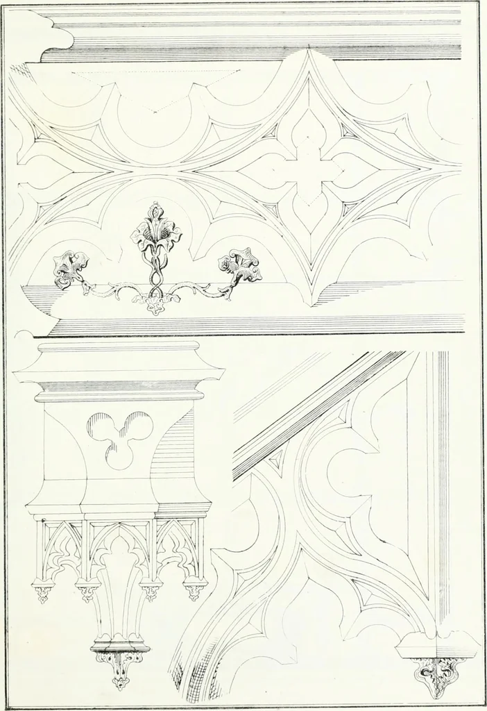 An illustration from Gothic architecture applied to modern residences; containing designs of all the important parts of a private dwelling, exhibited in elaborate perspective drawings, together with large and copious details, 1849, leaf 122