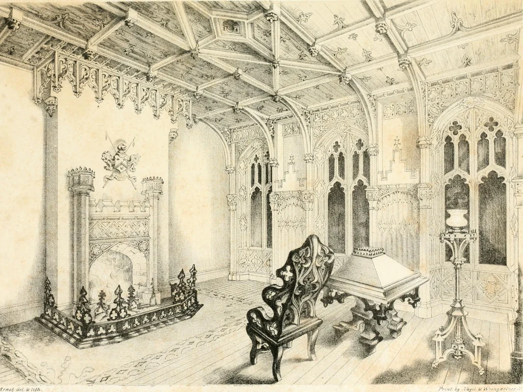 An illustration from Gothic architecture applied to modern residences; containing designs of all the important parts of a private dwelling, exhibited in elaborate perspective drawings, together with large and copious details, 1849, leaf 128