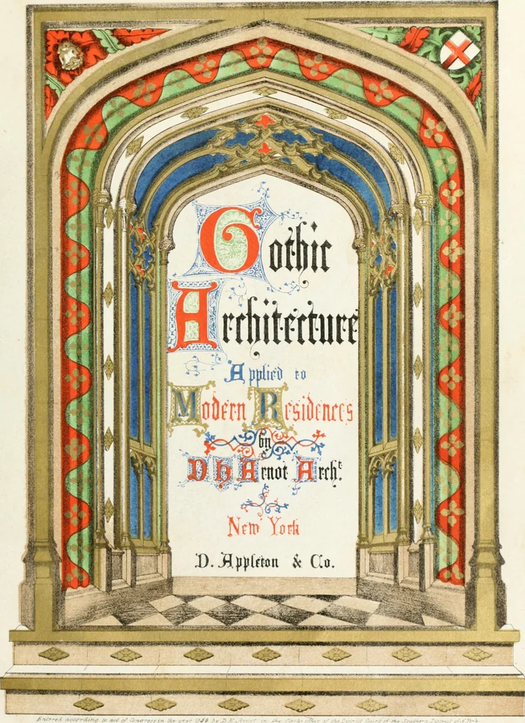 An illustration from Gothic architecture applied to modern residences; containing designs of all the important parts of a private dwelling, exhibited in elaborate perspective drawings, together with large and copious details, 1849, leaf 4