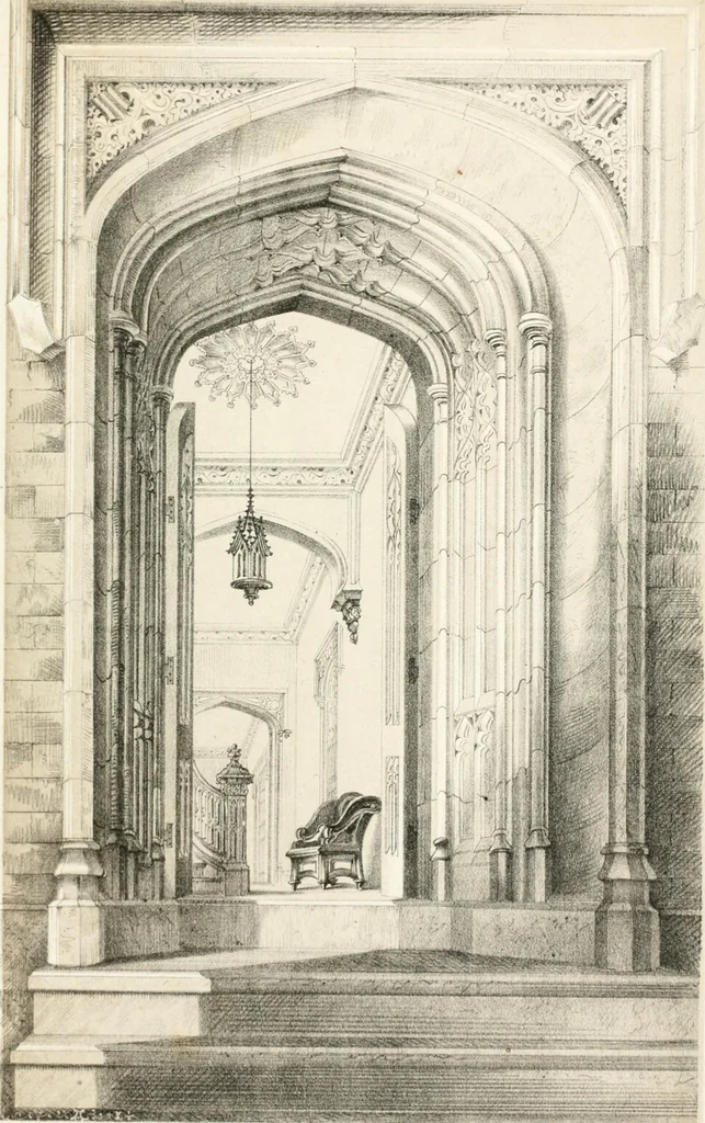 An illustration from Gothic architecture applied to modern residences; containing designs of all the important parts of a private dwelling, exhibited in elaborate perspective drawings, together with large and copious details, 1849, leaf 60
