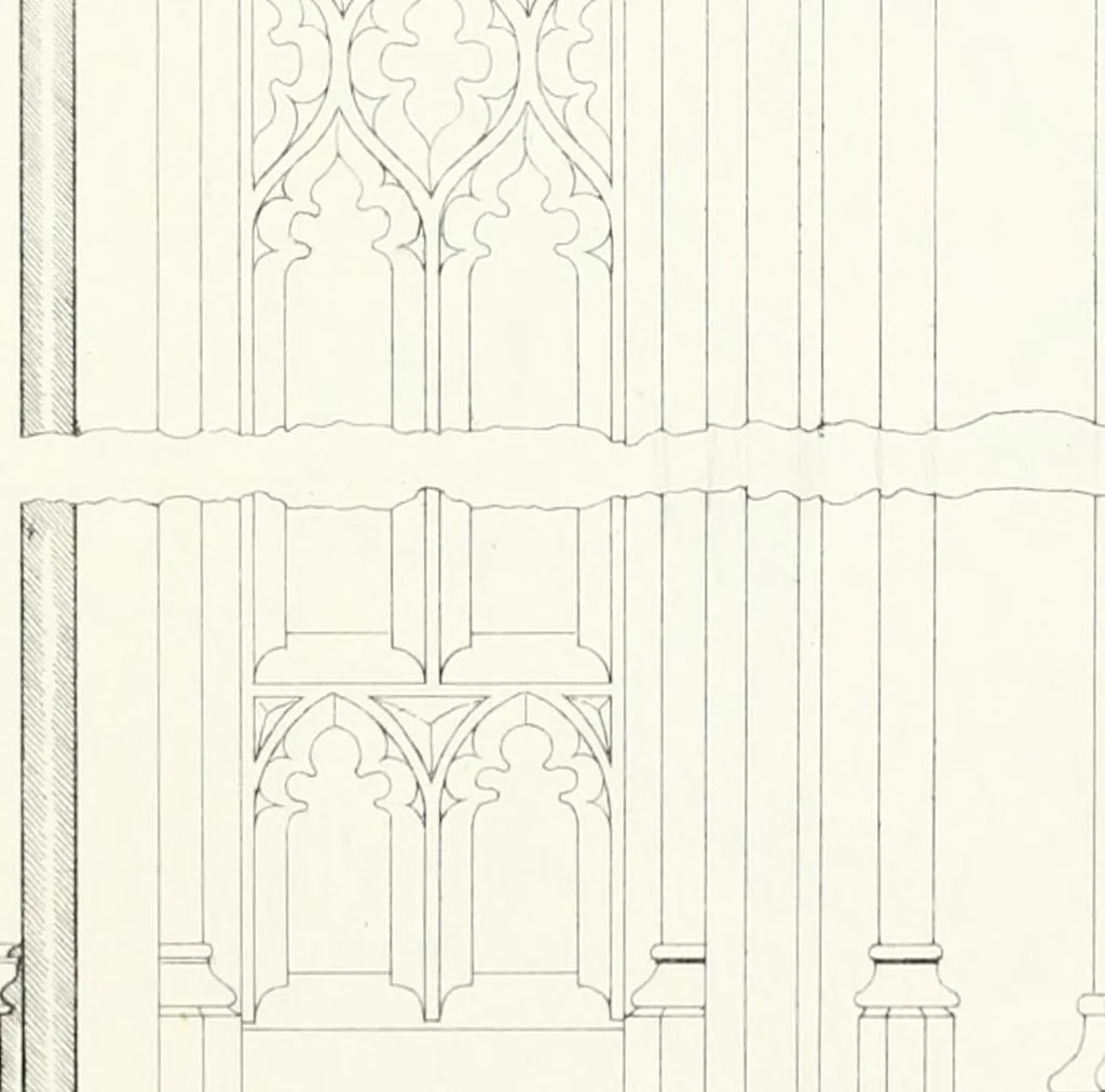An illustration from Gothic architecture applied to modern residences; containing designs of all the important parts of a private dwelling, exhibited in elaborate perspective drawings, together with large and copious details, 1849, leaf 62