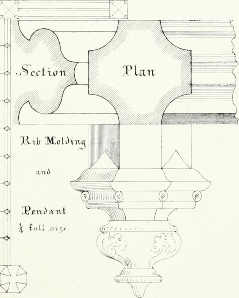 An illustration from Gothic architecture applied to modern residences; containing designs of all the important parts of a private dwelling, exhibited in elaborate perspective drawings, together with large and copious details, 1849, leaf 64