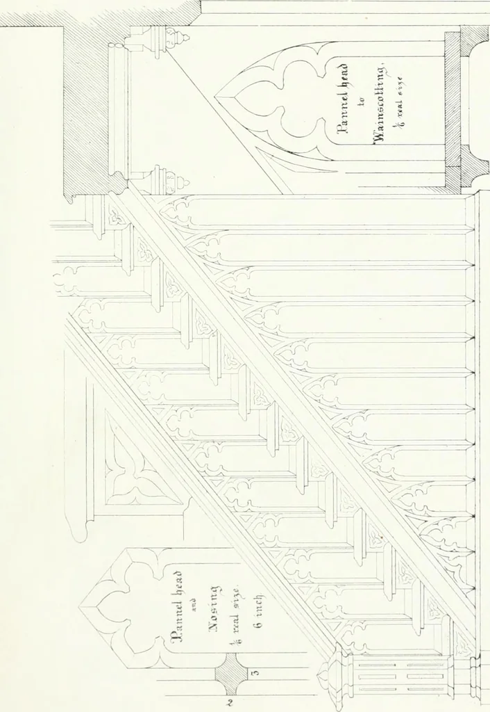 An illustration from Gothic architecture applied to modern residences; containing designs of all the important parts of a private dwelling, exhibited in elaborate perspective drawings, together with large and copious details, 1849, leaf 66