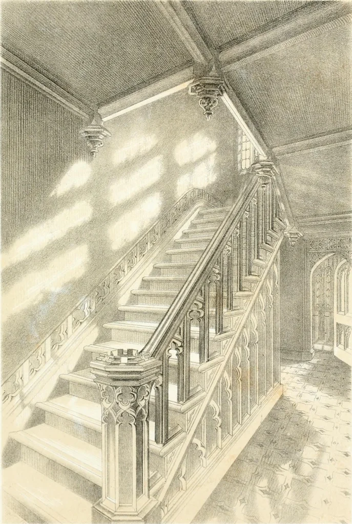 An illustration from Gothic architecture applied to modern residences; containing designs of all the important parts of a private dwelling, exhibited in elaborate perspective drawings, together with large and copious details, 1849, leaf 68